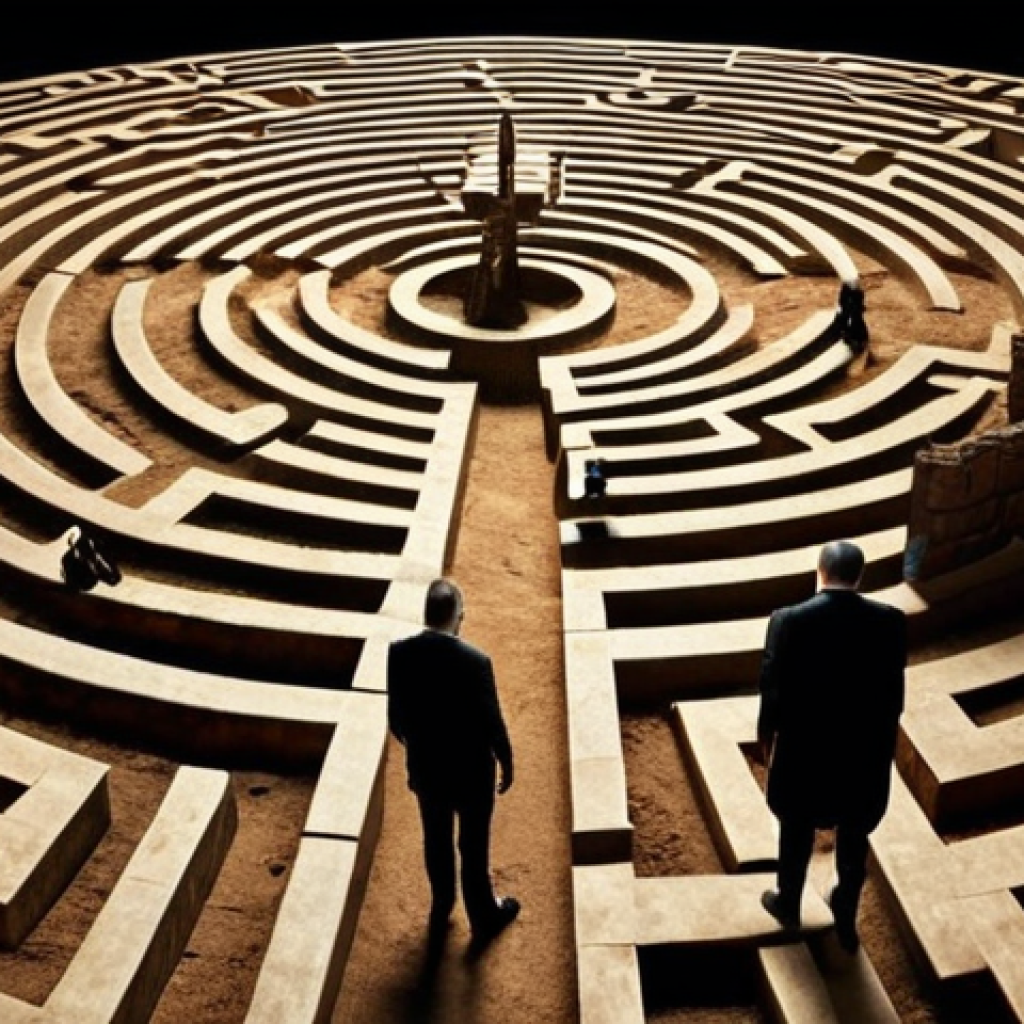 **Prompt:** "Political maze in Kosovo, leaders balancing internal needs and external pressures, symbolizing the difficulty of finding stability.  Earthy tones, dramatic lighting."
