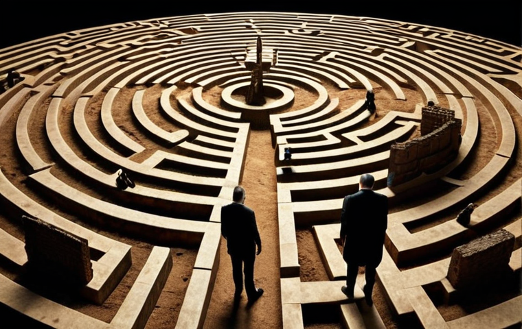 **Prompt:** "Political maze in Kosovo, leaders balancing internal needs and external pressures, symbolizing the difficulty of finding stability.  Earthy tones, dramatic lighting."