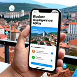 **

Prompt: "Modern digital health insurance app interface on a smartphone, showcasing customizable policy options and transparent cost breakdowns, set against a backdrop of the Kosovo cityscape."

**