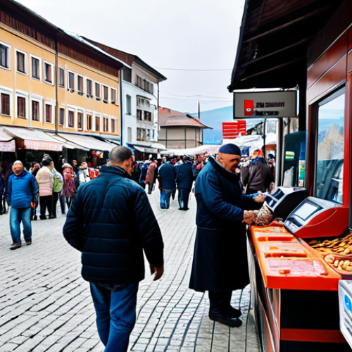 **A bustling marketplace in Kosovo, with vendors displaying goods. Some vendors are accepting cash, while a few are using mobile POS systems for card payments. In the background, a modern ATM is visible. Capture the blend of traditional and modern payment methods.**