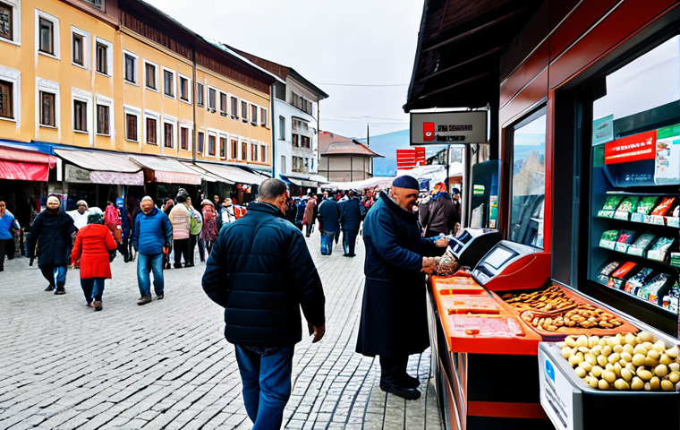 **A bustling marketplace in Kosovo, with vendors displaying goods. Some vendors are accepting cash, while a few are using mobile POS systems for card payments. In the background, a modern ATM is visible. Capture the blend of traditional and modern payment methods.**