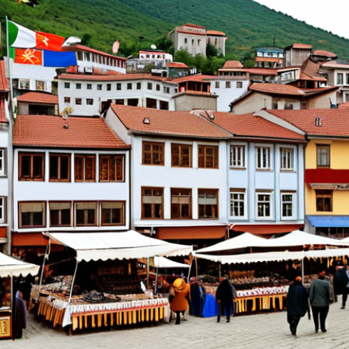 **

A bustling marketplace in Prizren, Kosovo, showcasing a young entrepreneur selling handcrafted traditional jewelry. The scene is vibrant with colors and textures, highlighting local craftsmanship and the spirit of small businesses. In the background, modern buildings represent the evolving economy, with a subtle hint of EU flags symbolizing aspirations for European integration. Golden hour lighting to convey optimism and growth.

**