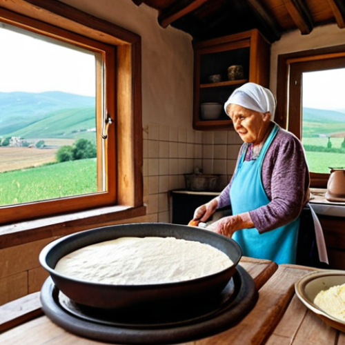 Flija Preparation**

A cozy kitchen scene in Kosovo. A grandmother (nonna) carefully layers Flija batter on a hot pan under a "saç" (metal dome). The scene is warm, inviting, and filled with the aroma of baking. Focus on the textures of the Flija and the rustic kitchen environment. Consider adding elements that evoke "famiglia" like antique kitchenware, a window looking out onto a rural landscape, or family members in the background. The style should be painterly and evocative of nostalgia.

**