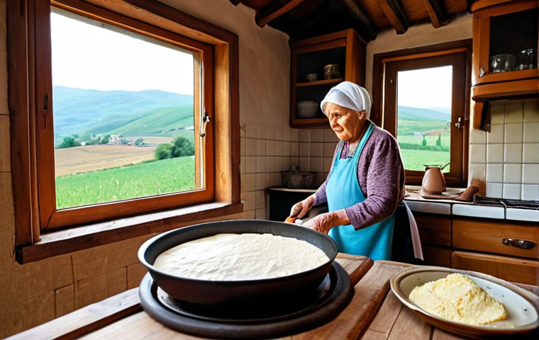 Flija Preparation**
A cozy kitchen scene in Kosovo. A grandmother (nonna) carefully layers Flija batter on a hot pan under a "saç" (metal dome). The scene is warm, inviting, and filled with the aroma of baking. Focus on the textures of the Flija and the rustic kitchen environment. Consider adding elements that evoke "famiglia" like antique kitchenware, a window looking out onto a rural landscape, or family members in the background. The style should be painterly and evocative of nostalgia.
**