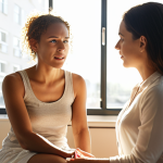 **

A young woman sits in a brightly lit, modern office, talking to a compassionate-looking female therapist. Sunlight streams through the window. The atmosphere is warm and inviting, and the woman appears to be opening up and expressing herself freely. Focus on the concept of "strength in seeking help."

**