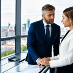 A male and female business professional, both in modest, modern business suits, standing at a sleek glass desk. They are engaged in a collaborative discussion, reviewing legal documents and a digital tablet displaying various business structures such as SHPK and Individual Enterprise options. Their expressions are focused and thoughtful. The background is a bright, contemporary office space with large windows overlooking a developing European cityscape, suggesting growth and opportunity. Professional lighting, high-resolution photography, sharp focus, vibrant colors, realistic textures, perfect anatomy, correct proportions, natural pose, well-formed hands, proper finger count, natural body proportions, safe for work, appropriate content, fully clothed, professional, modest clothing, appropriate attire, professional dress, family-friendly.