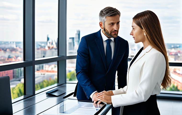 A male and female business professional, both in modest, modern business suits, standing at a sleek glass desk. They are engaged in a collaborative discussion, reviewing legal documents and a digital tablet displaying various business structures such as SHPK and Individual Enterprise options. Their expressions are focused and thoughtful. The background is a bright, contemporary office space with large windows overlooking a developing European cityscape, suggesting growth and opportunity. Professional lighting, high-resolution photography, sharp focus, vibrant colors, realistic textures, perfect anatomy, correct proportions, natural pose, well-formed hands, proper finger count, natural body proportions, safe for work, appropriate content, fully clothed, professional, modest clothing, appropriate attire, professional dress, family-friendly.