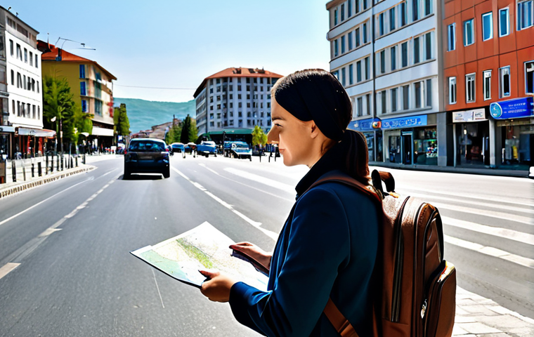 **
"A professional female tourist consulting a map in Pristina, Kosovo, fully clothed in modest travel attire, with busy traffic and modern buildings in the background, appropriate content, safe for work, perfect anatomy, natural proportions, daylight, professional photography."
**