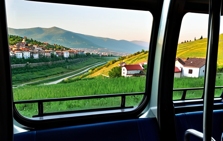 코소보 대중교통 이용법 - **Image Prompt 1: "Scenic Intercity Bus Ride in Kosovo"**
A bright, clean but not overly modern ...