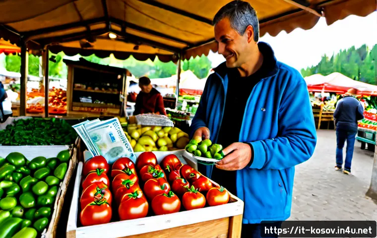 Home 26 코소보에서 유기농 식품 구매하기 - Photorealistic morning scene inside a welcoming Kosovo farmers market, an Italian traveler selecting...