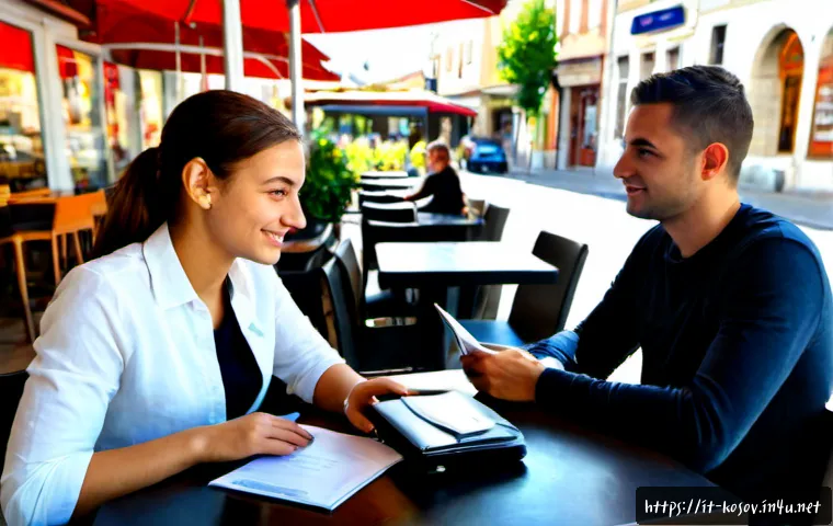 Home 13 코소보에서 아르바이트 가능 여부 - Photorealistic scene of a young Italian traveler in Pristina, Kosovo, sitting at a bright café table...