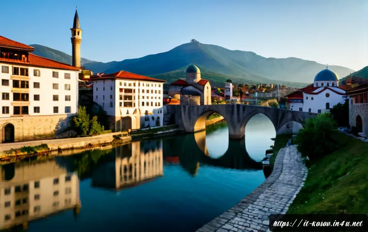 프리즈렌 문화 유산 - Photorealistic wide-angle view of Prizren cultural heritage at sunrise, historic Ottoman-era stone b...