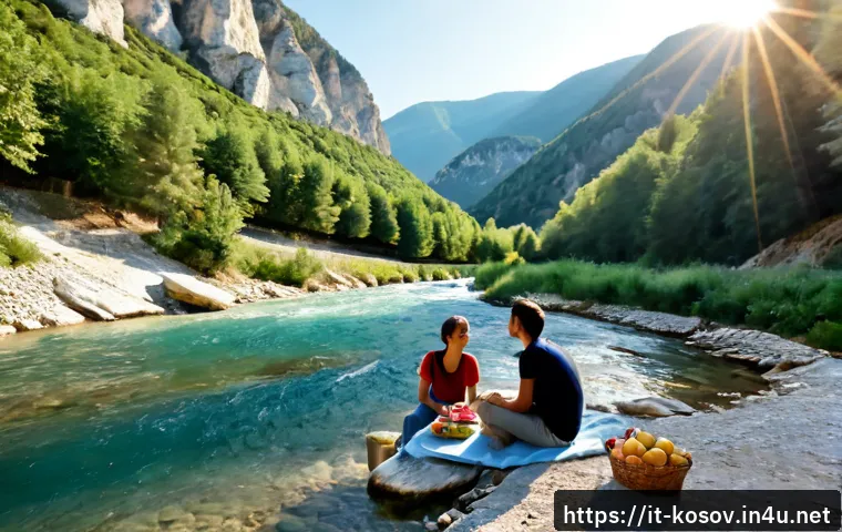코소보에서 여름을 즐기는 법 - Photorealistic summer travel scene at Rugova Canyon near Peja, Kosovo, Italian couple in modest hiki...